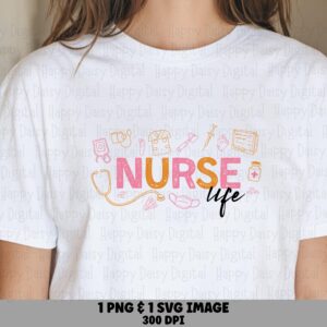 Nurse Life Doodle, Colorful Bubble Lettering PNG SVG | Medical Icon Set, Sublimation, Commercial Use, 300 DPI