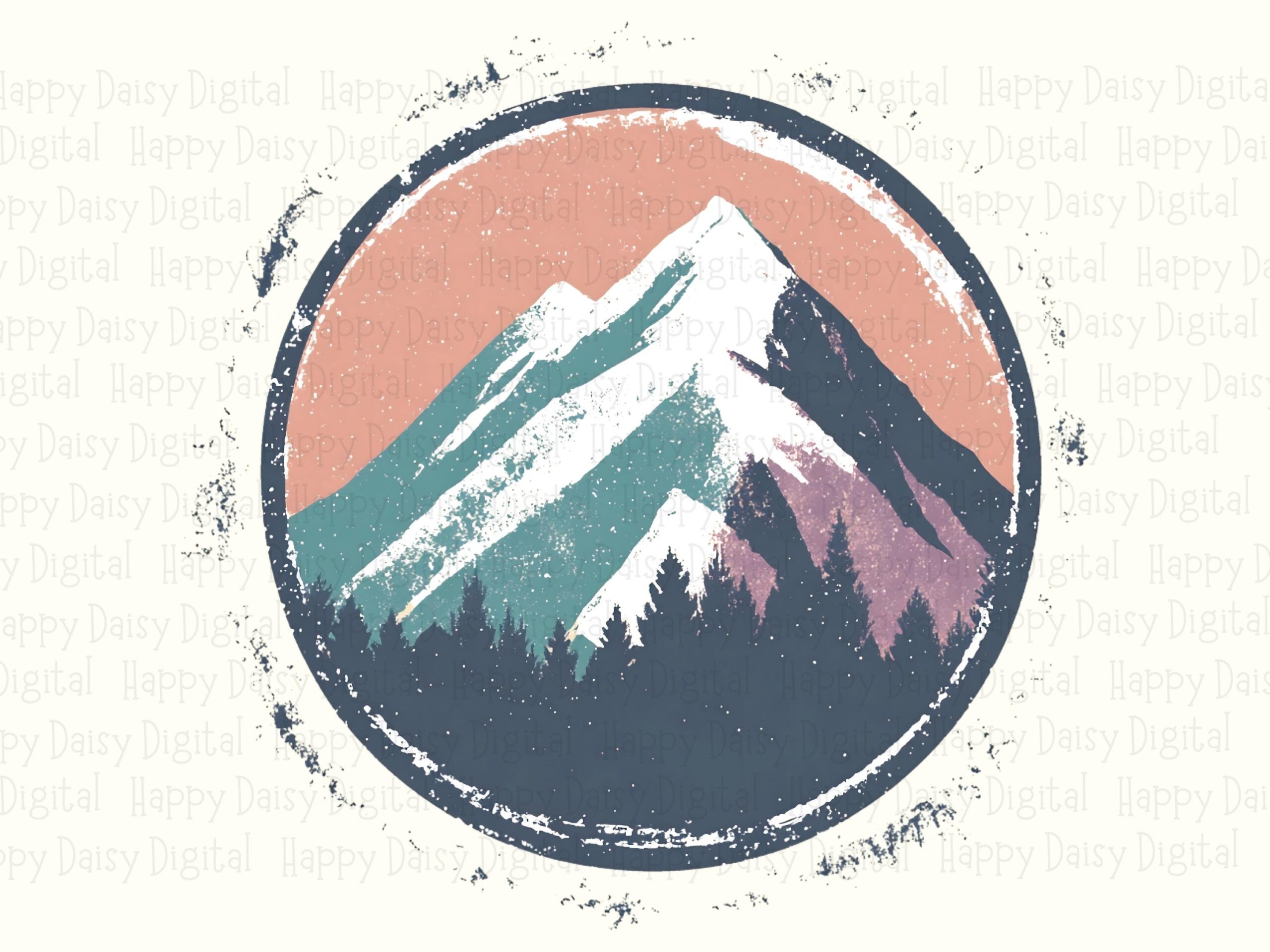 Retro Mountain Badge, Teal And Purple Sunset Circle PNG - Distressed Border, Sublimation Commercial Use, 300DPI - Image 2