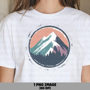Retro Mountain Badge, Teal And Purple Sunset Circle PNG - Distressed Border, Sublimation Commercial Use, 300DPI