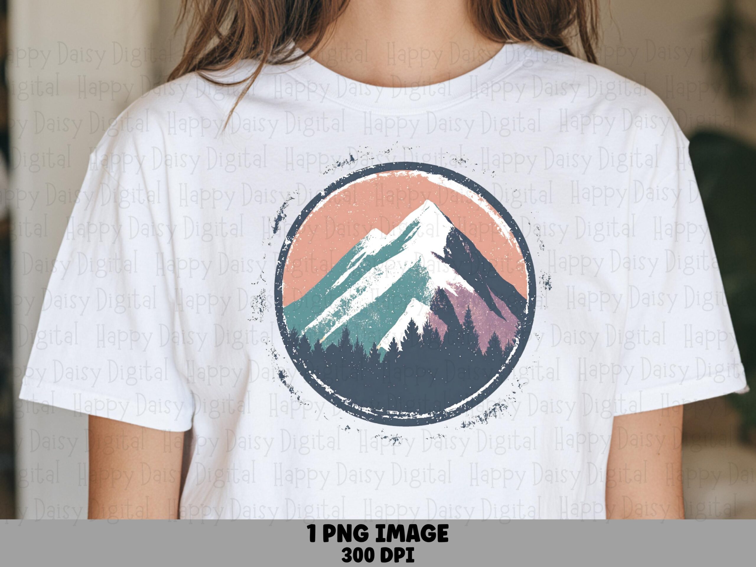Retro Mountain Badge, Teal And Purple Sunset Circle PNG - Distressed Border, Sublimation Commercial Use, 300DPI