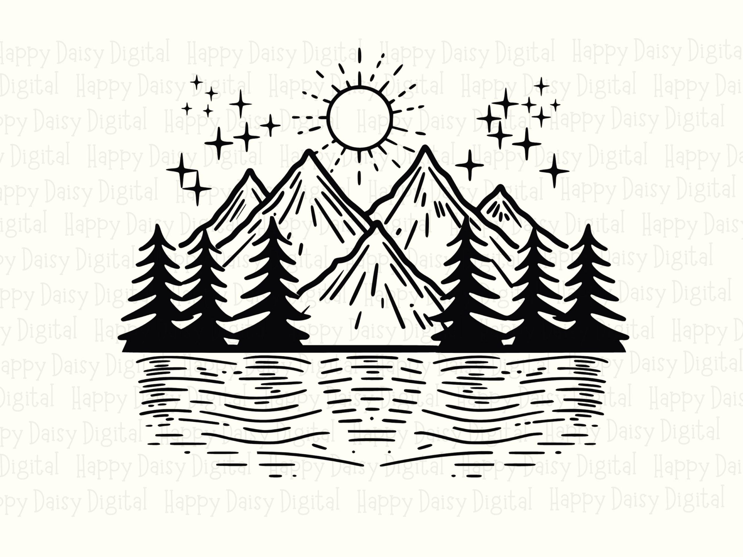 Starry Mountain Art, Line-Style Night Lake PNG SVG Bundle | Digital Files | 300 DPI, Commercial Use - Image 2