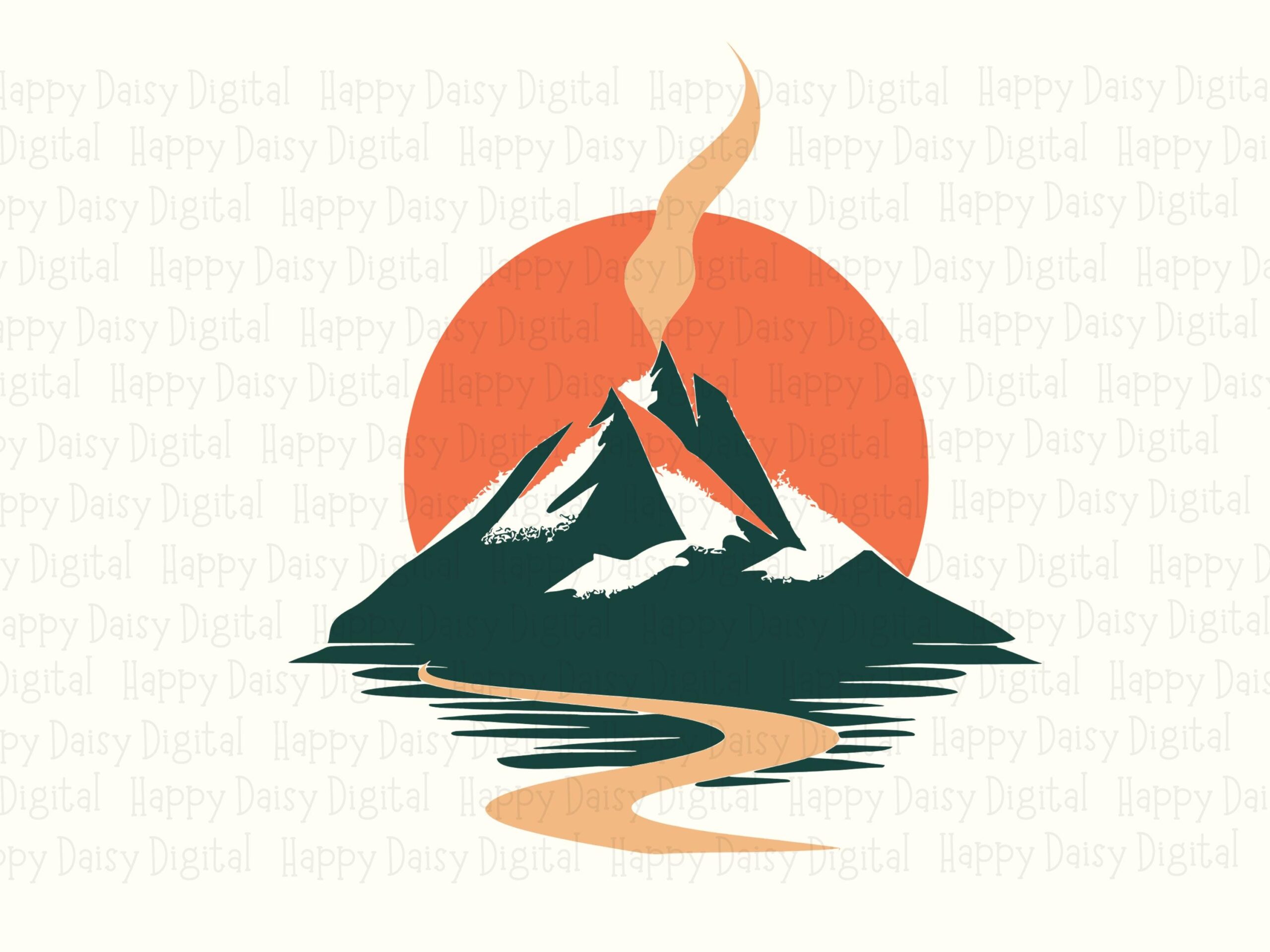 Mountain Sunset, Smoky Summit Design PNG SVG | Dark Green Peak, Orange Sun, Tan River - 300 DPI, Commercial License - Image 2