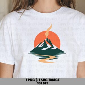 Mountain Sunset, Smoky Summit Design PNG SVG | Dark Green Peak, Orange Sun, Tan River - 300 DPI, Commercial License