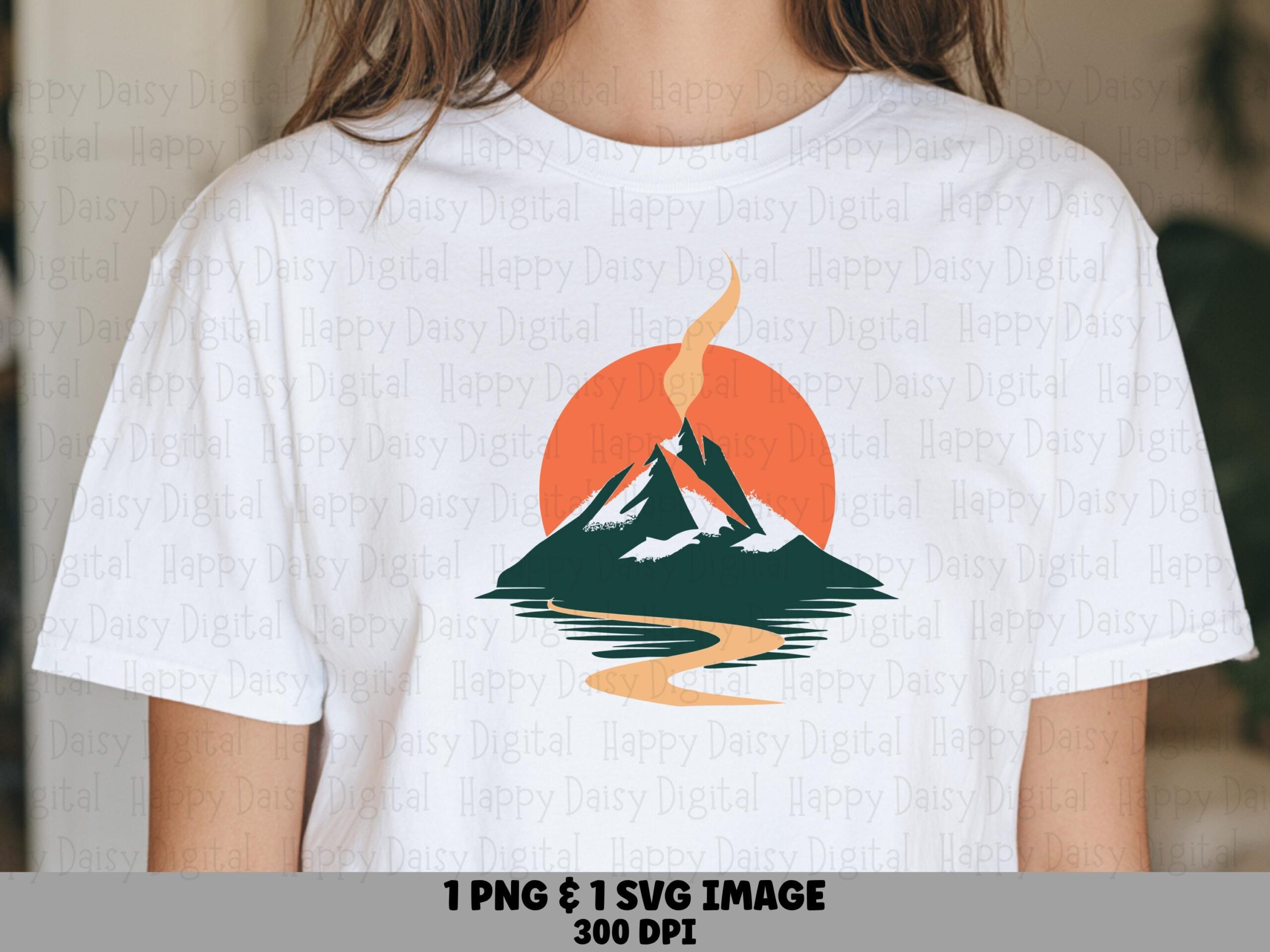 Mountain Sunset, Smoky Summit Design PNG SVG | Dark Green Peak, Orange Sun, Tan River - 300 DPI, Commercial License