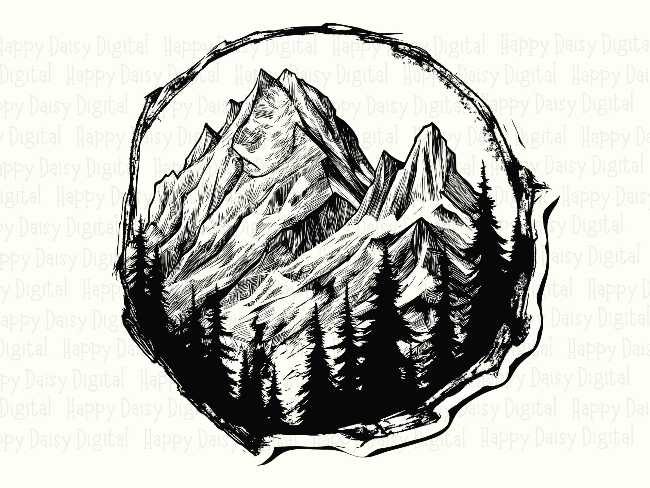Etched Circle PNG, Pencil Sketch Mountain Art - Handdrawn, Sublimation Design | SVG, Commercial Use - Image 2