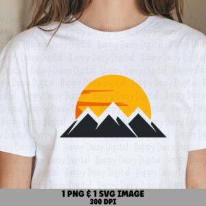 Sunset Glow, Retro Mountain Clipart, Triple Peaks Orange Sun | PNG SVG Files, 300 DPI - Commercial Use