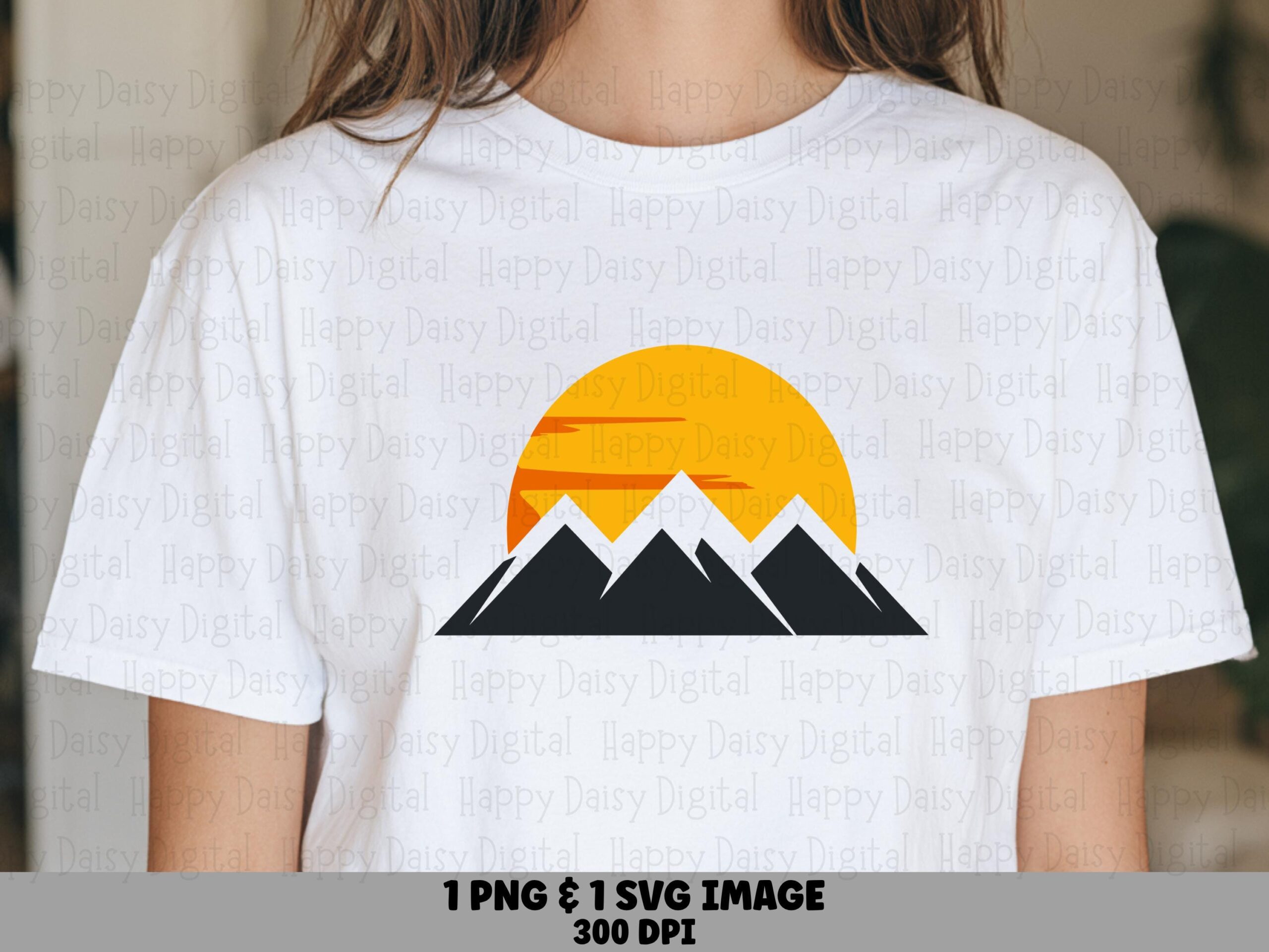 Sunset Glow, Retro Mountain Clipart, Triple Peaks Orange Sun | PNG SVG Files, 300 DPI - Commercial Use