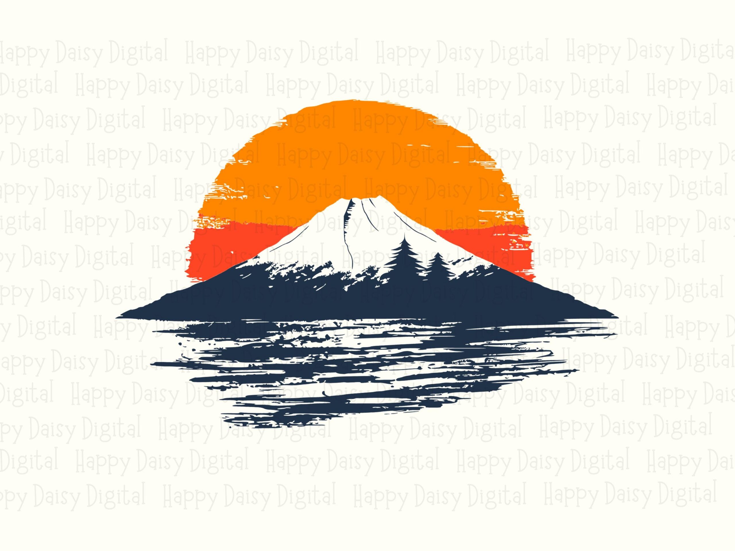 Mount Fuji, Sunset Reflection PNG SVG | Sublimation Digital Clipart | 300 DPI, Commercial License, Pine Silhouette - Image 2