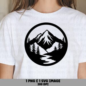 Circle Badge, Snowy Peak Stream Clipart - Mountain River Design PNG & SVG, Sublimation, Commercial Use