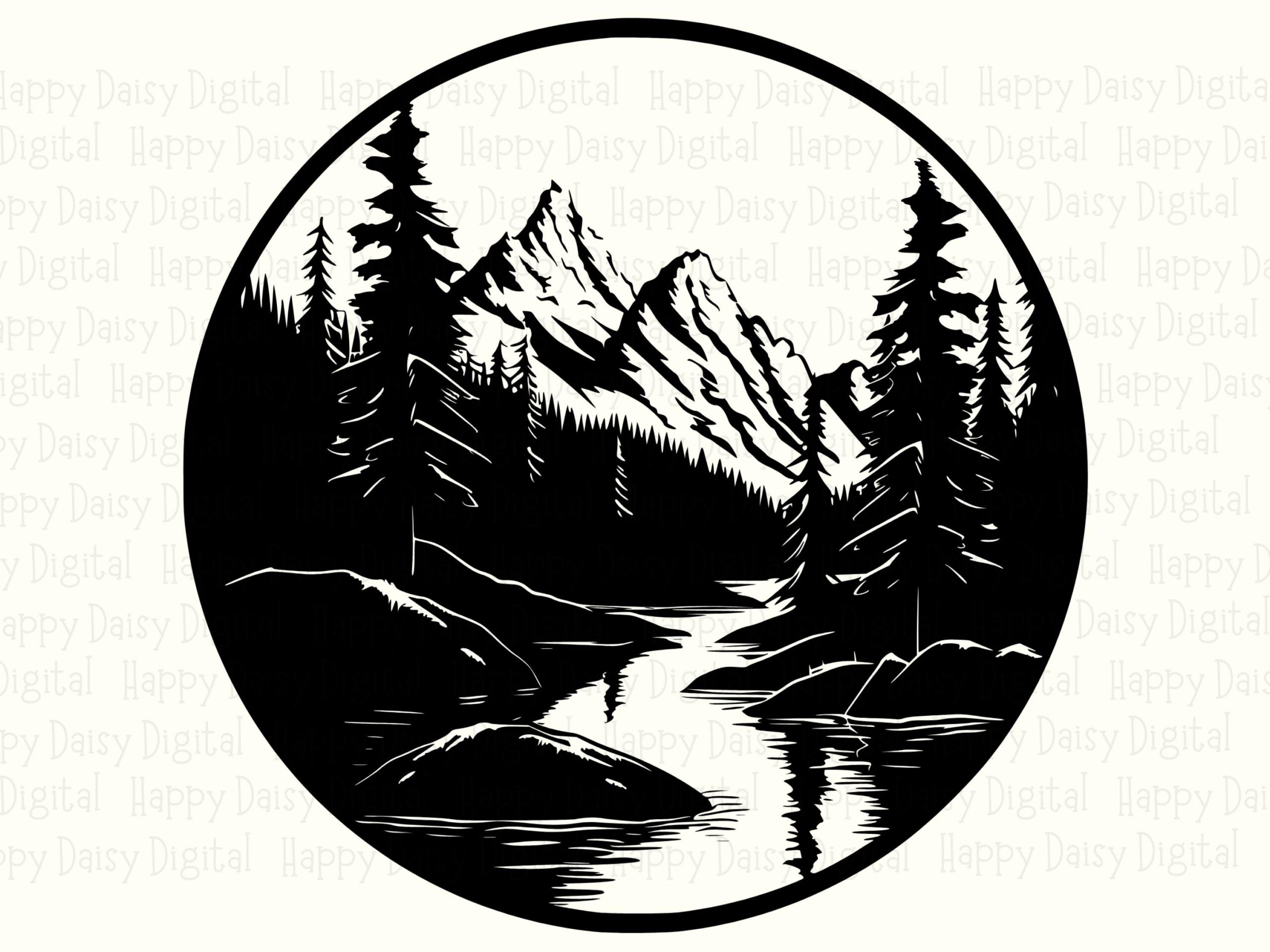 Circle Scene, Riverside Mountain Illustration PNG & SVG | Detailed Line Sketch, Commercial Use, 300 DPI - Image 2