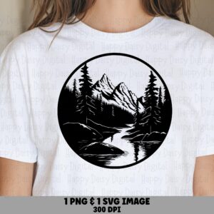 Circle Scene, Riverside Mountain Illustration PNG & SVG | Detailed Line Sketch, Commercial Use, 300 DPI
