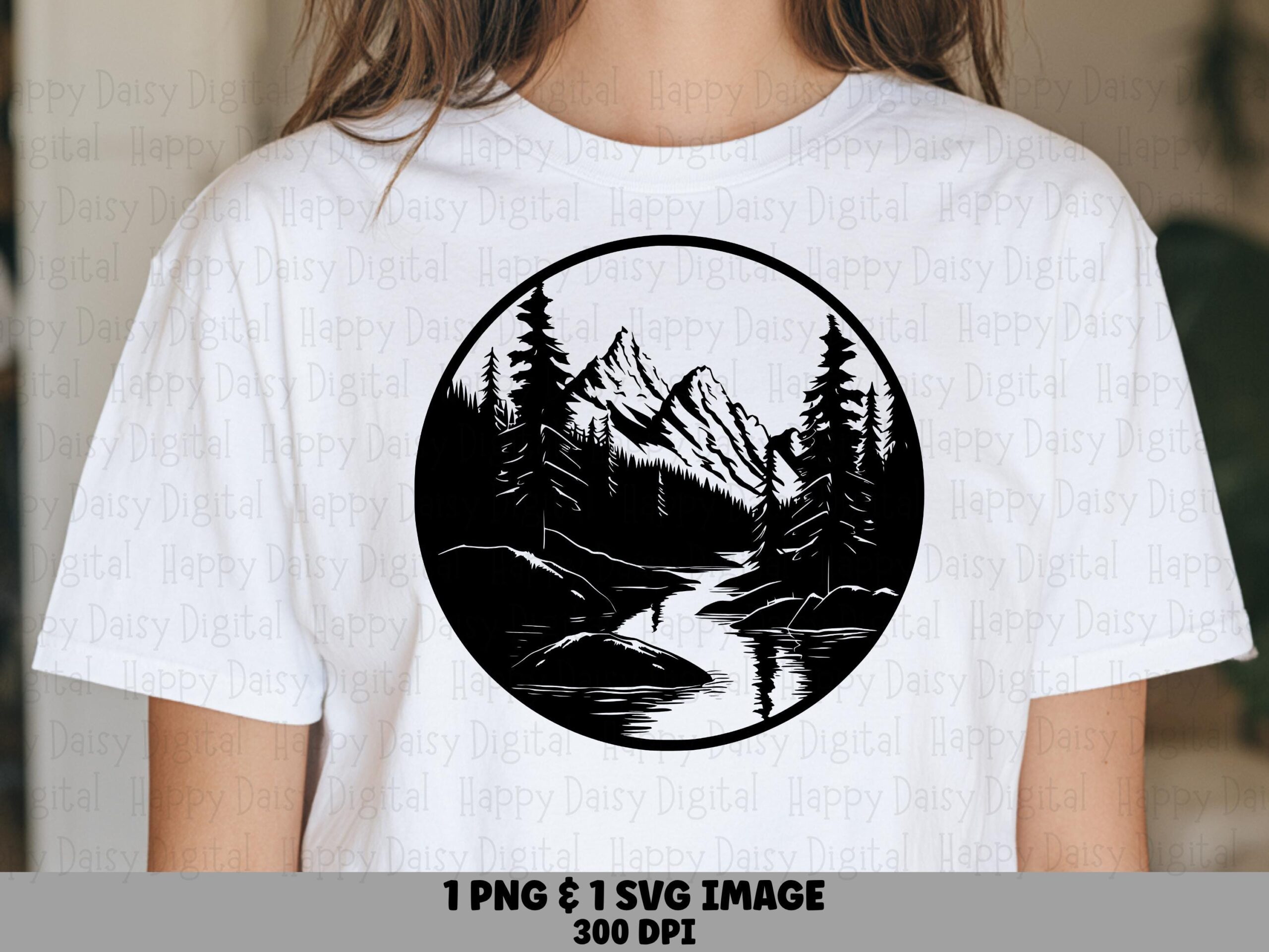 Circle Scene, Riverside Mountain Illustration PNG & SVG | Detailed Line Sketch, Commercial Use, 300 DPI