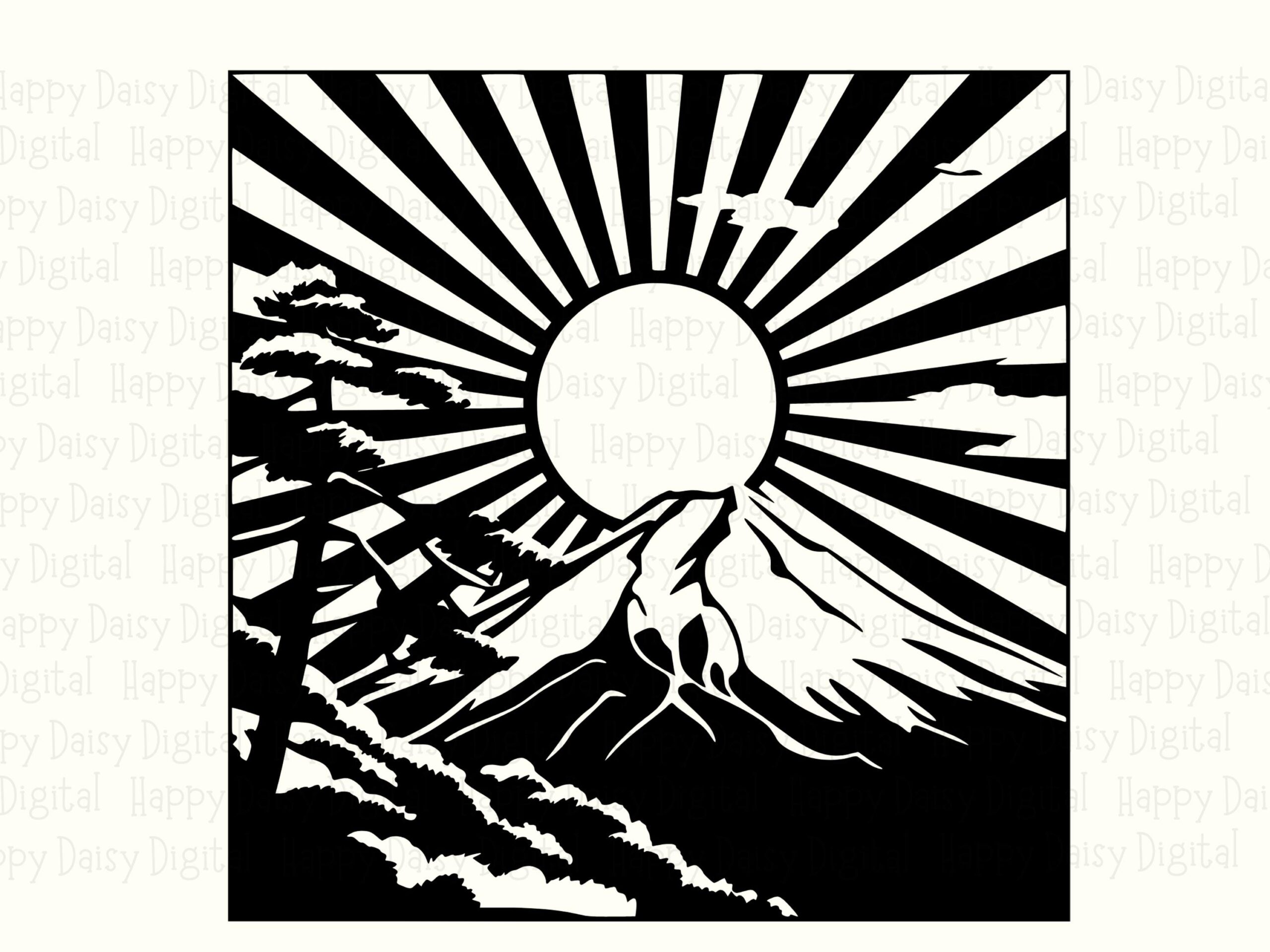 Sunburst Peak, Black White Mountain Silhouette PNG SVG | Sublimation Files, Commercial License, POD - Image 2
