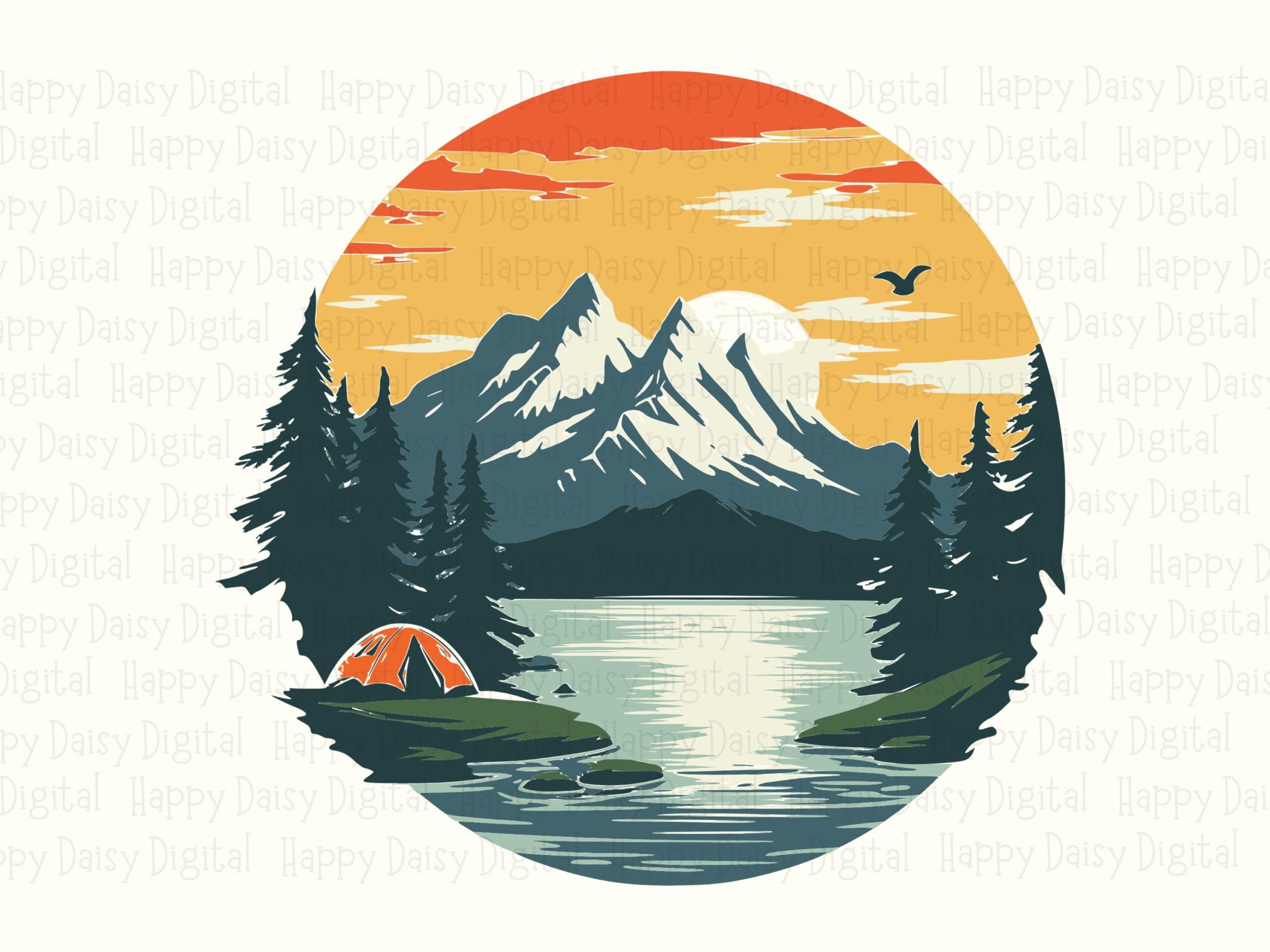 Lake Sunset PNG, Circle Mountain Campfire Clipart | Sublimation SVG Files | Commercial Use, 300 DPI - Image 2