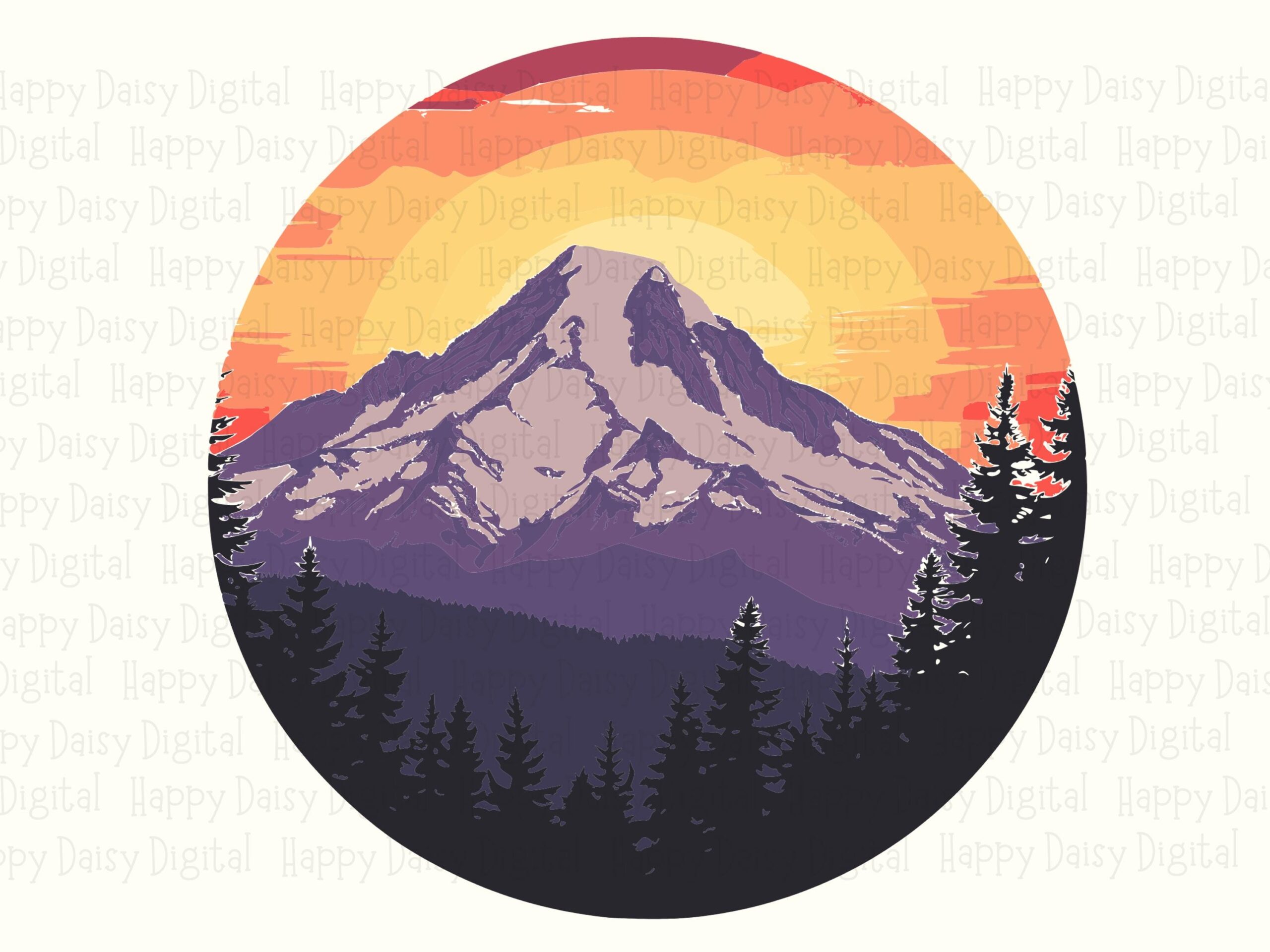 Dusk Summit Png, Purple Orange Sunset Mountain Clipart, Circular Forest Silhouette | Svg Included - Commercial Use - Image 2