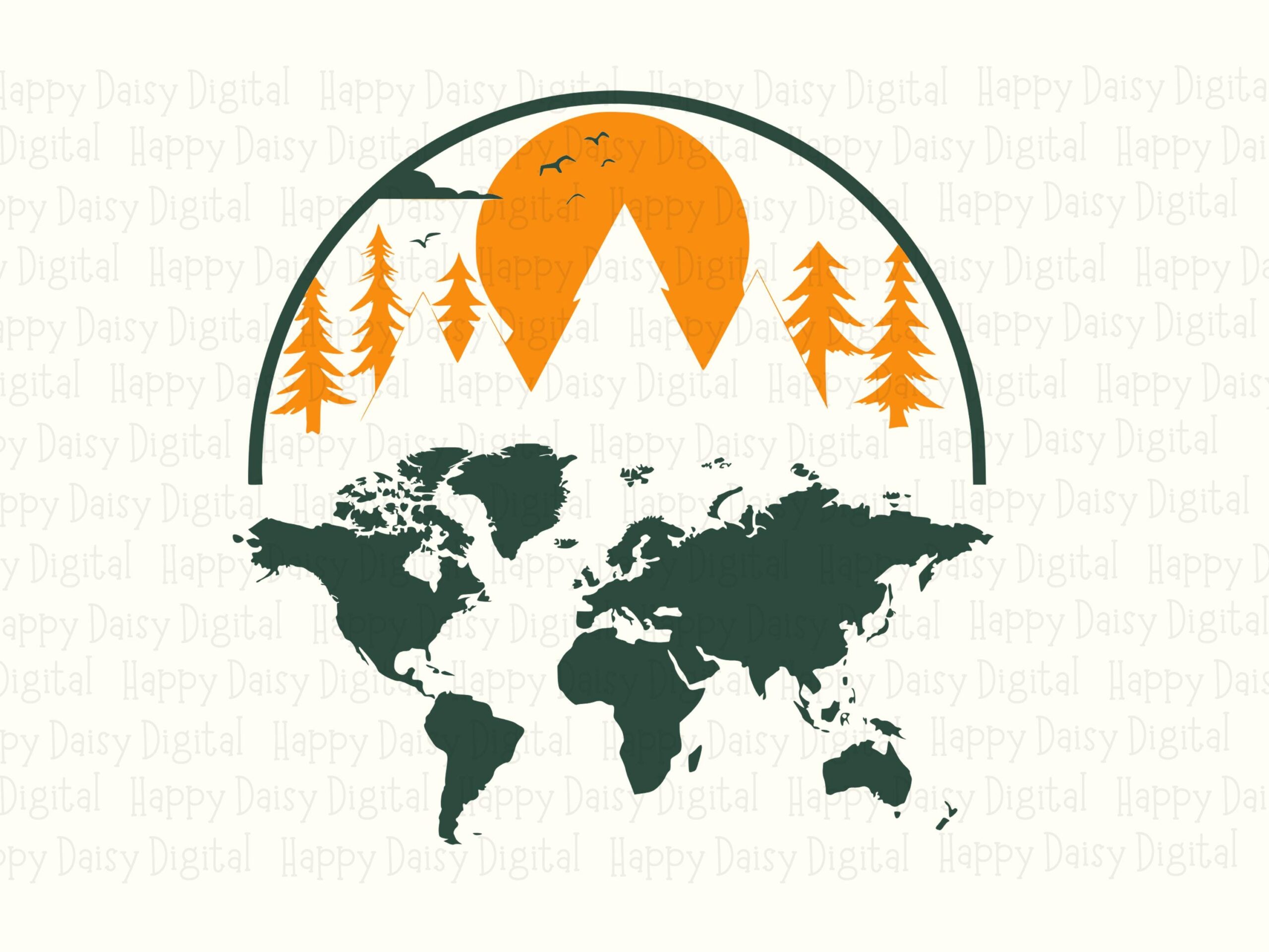 World Map Design, Arched Sun Mountain Globe PNG SVG | Sublimation, Print-Ready 300 DPI | Commercial Use - Image 2
