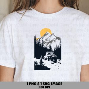 Off Road Jeep, Adventure Sublimation PNG SVG, Black White Forest Trail, Yellow Sun Mountain, Commercial Use, 300DPI