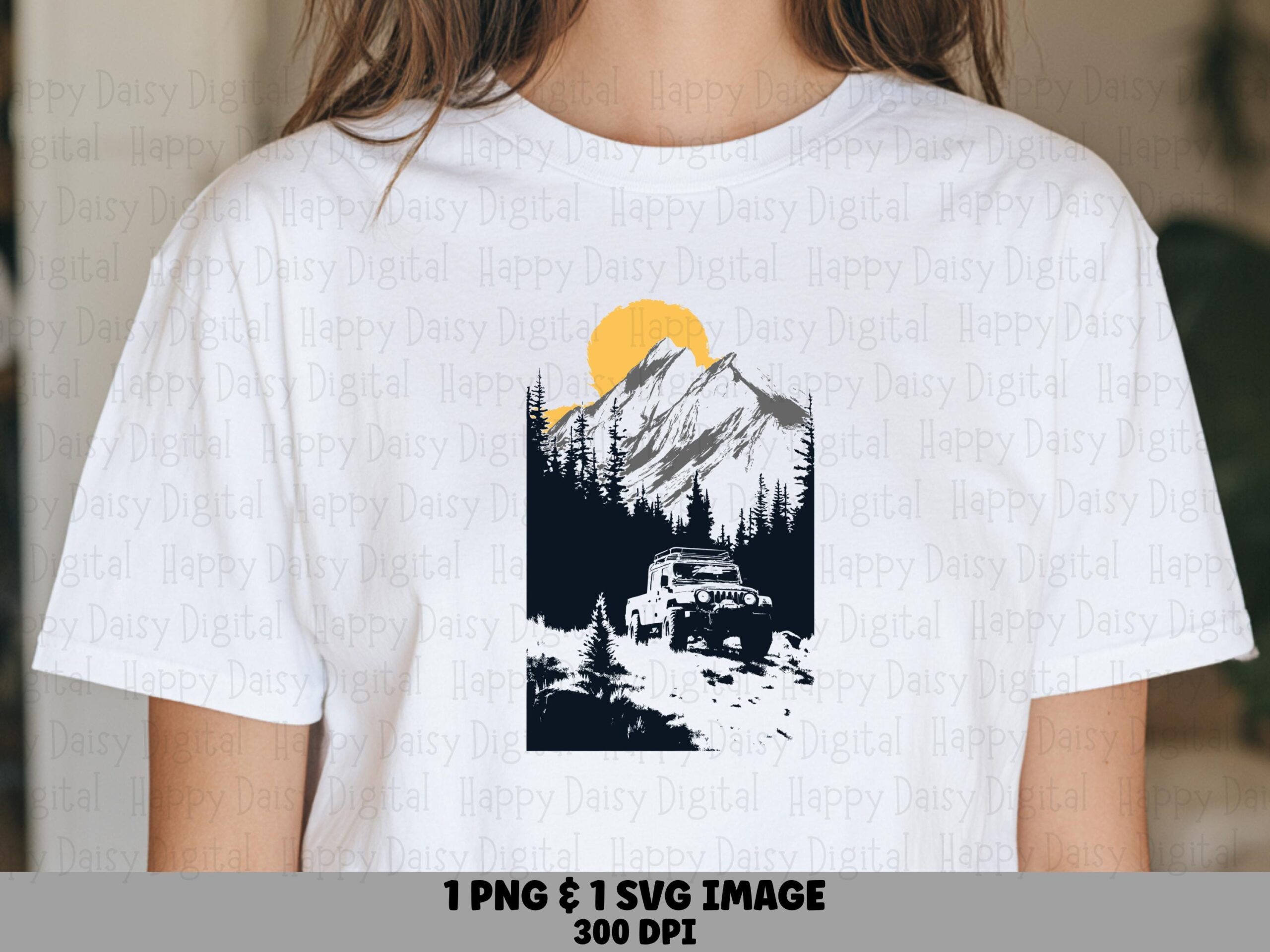 Off Road Jeep, Adventure Sublimation PNG SVG, Black White Forest Trail, Yellow Sun Mountain, Commercial Use, 300DPI