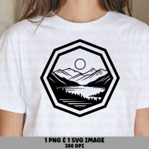 Geo Mountain PNG, Geometric Octagon Peak Line Art | Black Outline Lake Scene, SVG File, Commercial Use