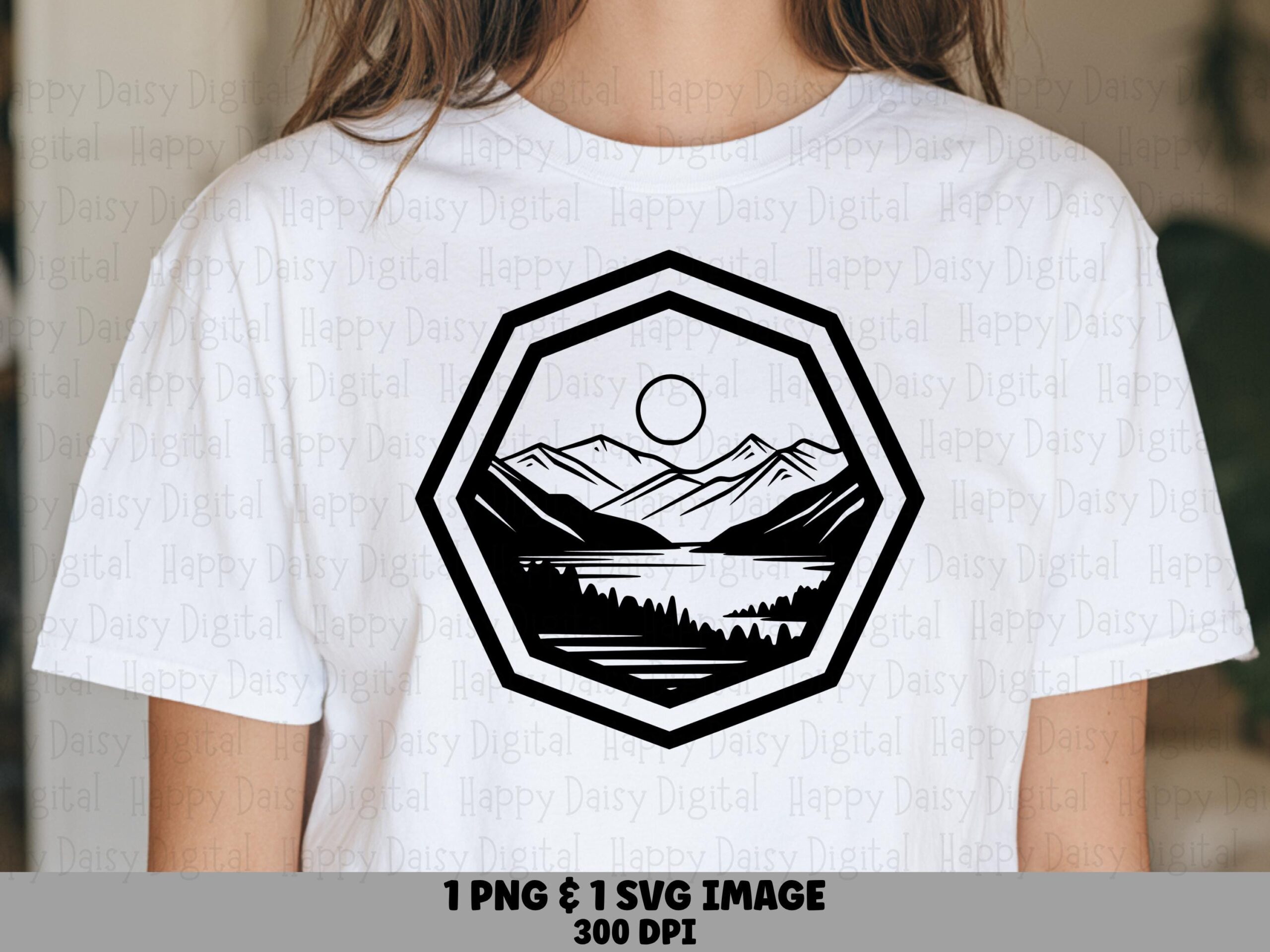 Geo Mountain PNG, Geometric Octagon Peak Line Art | Black Outline Lake Scene, SVG File, Commercial Use