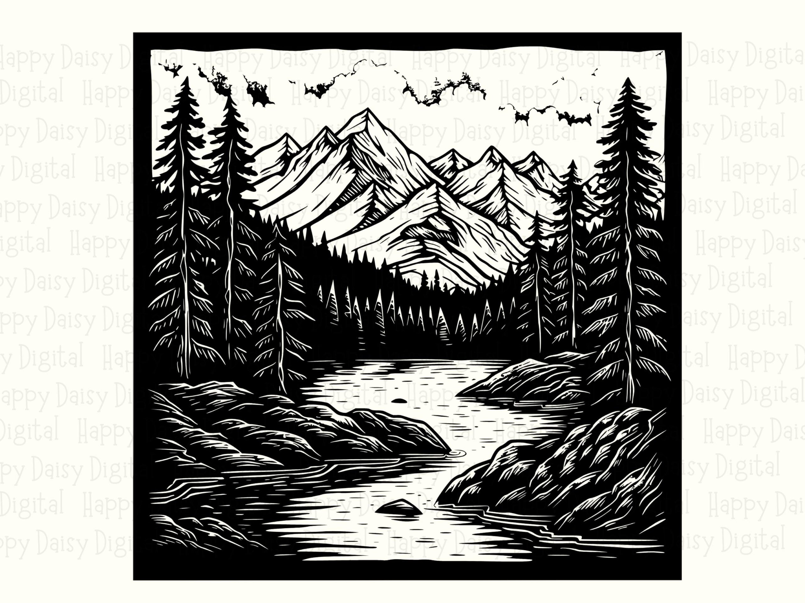 Woodcut Mountains, Linocut Style PNG SVG, River Valley Design | Black White | 300 DPI, Commercial Use License - Image 2