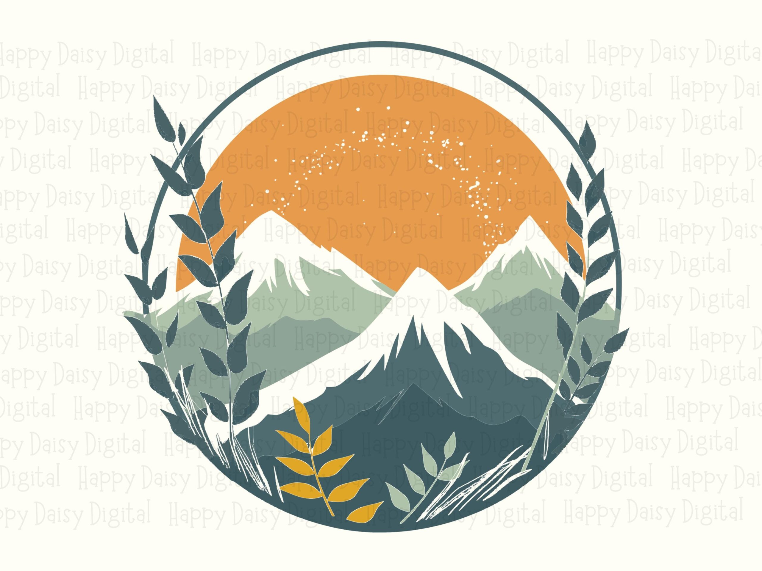 Wreath Sunset PNG, Mountain Badge Design, Vine Leaf Frame | Green Blue Peaks Artwork | SVG Included, Commercial Use - Image 2