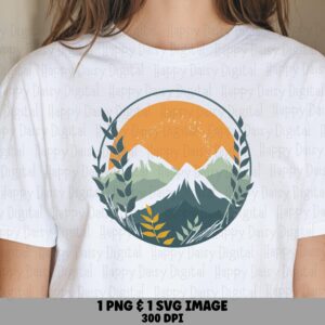 Wreath Sunset PNG, Mountain Badge Design, Vine Leaf Frame | Green Blue Peaks Artwork | SVG Included, Commercial Use