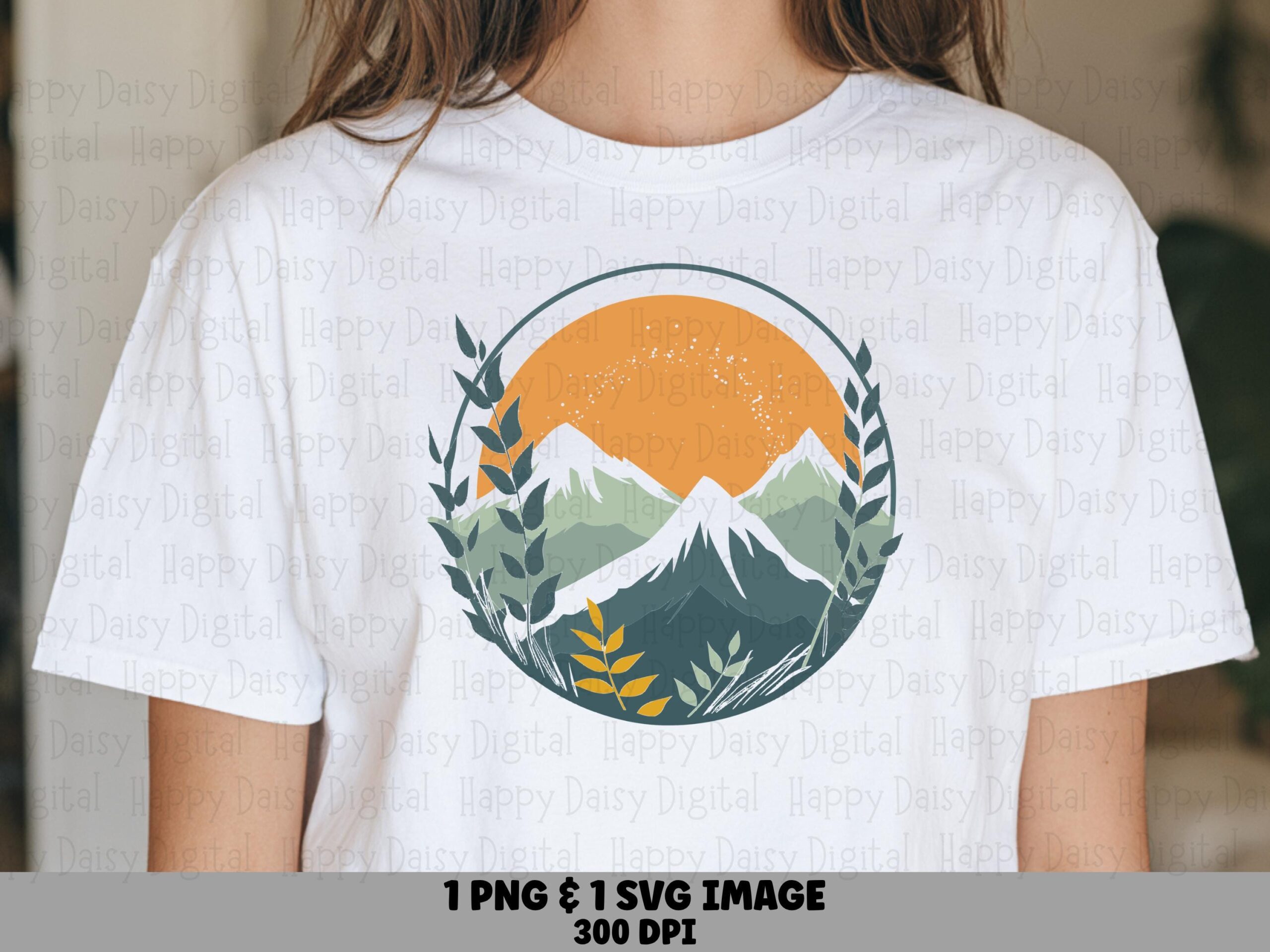 Wreath Sunset PNG, Mountain Badge Design, Vine Leaf Frame | Green Blue Peaks Artwork | SVG Included, Commercial Use