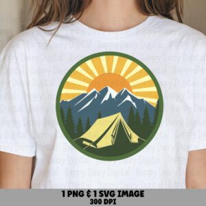 Camp Sunburst, Retro Tent Badge SVG PNG | Green Border, Orange Yellow Rays, Blue Mountain Scene, Commercial Use, 300 DPI