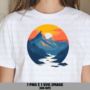 Sunset Circle PNG, Gradient Mountain Badge, Pink-Orange Sky With Blue Peaks | SVG File, 300 DPI | Commercial Use