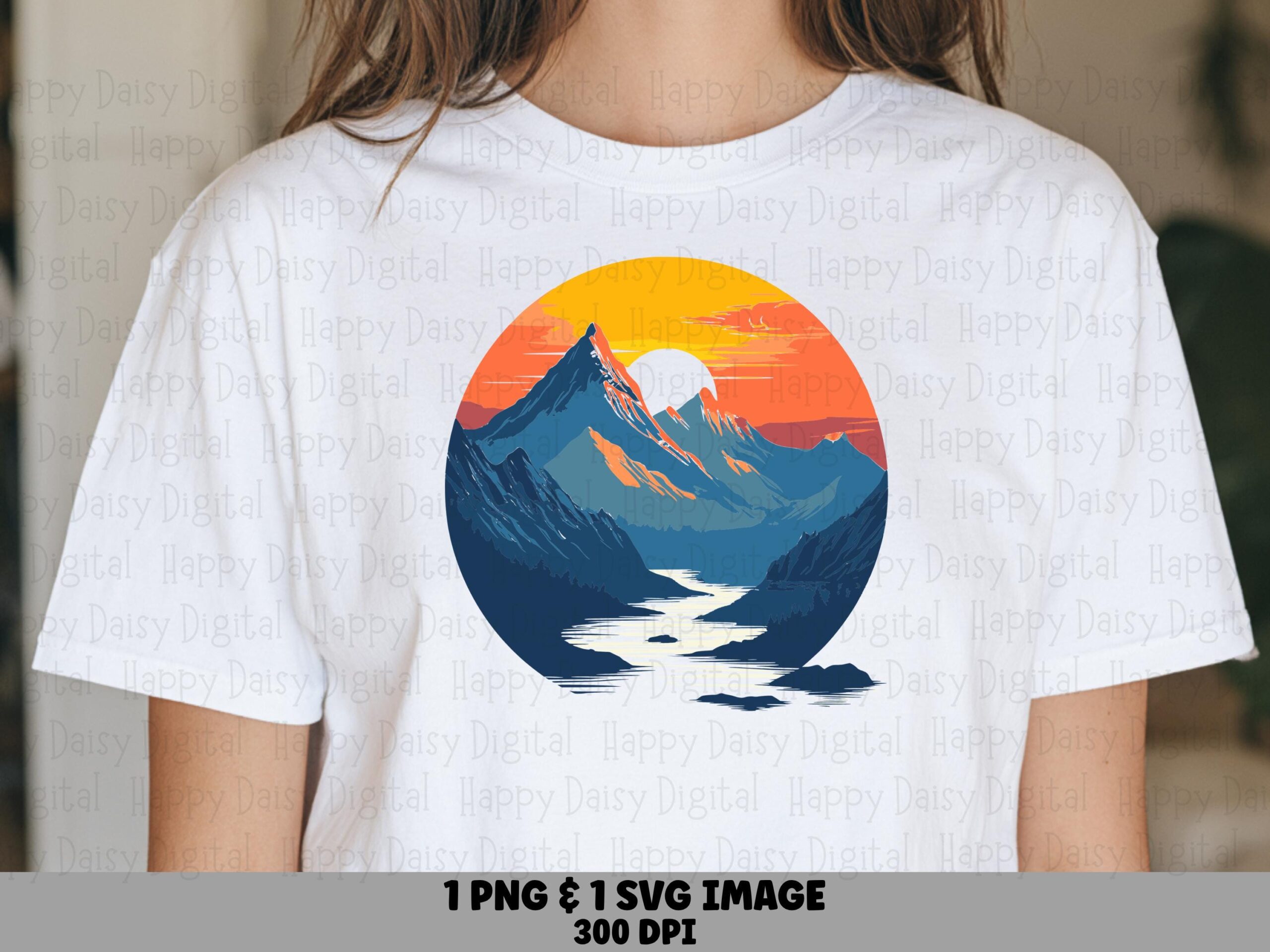 Sunset Circle PNG, Gradient Mountain Badge, Pink-Orange Sky With Blue Peaks | SVG File, 300 DPI | Commercial Use