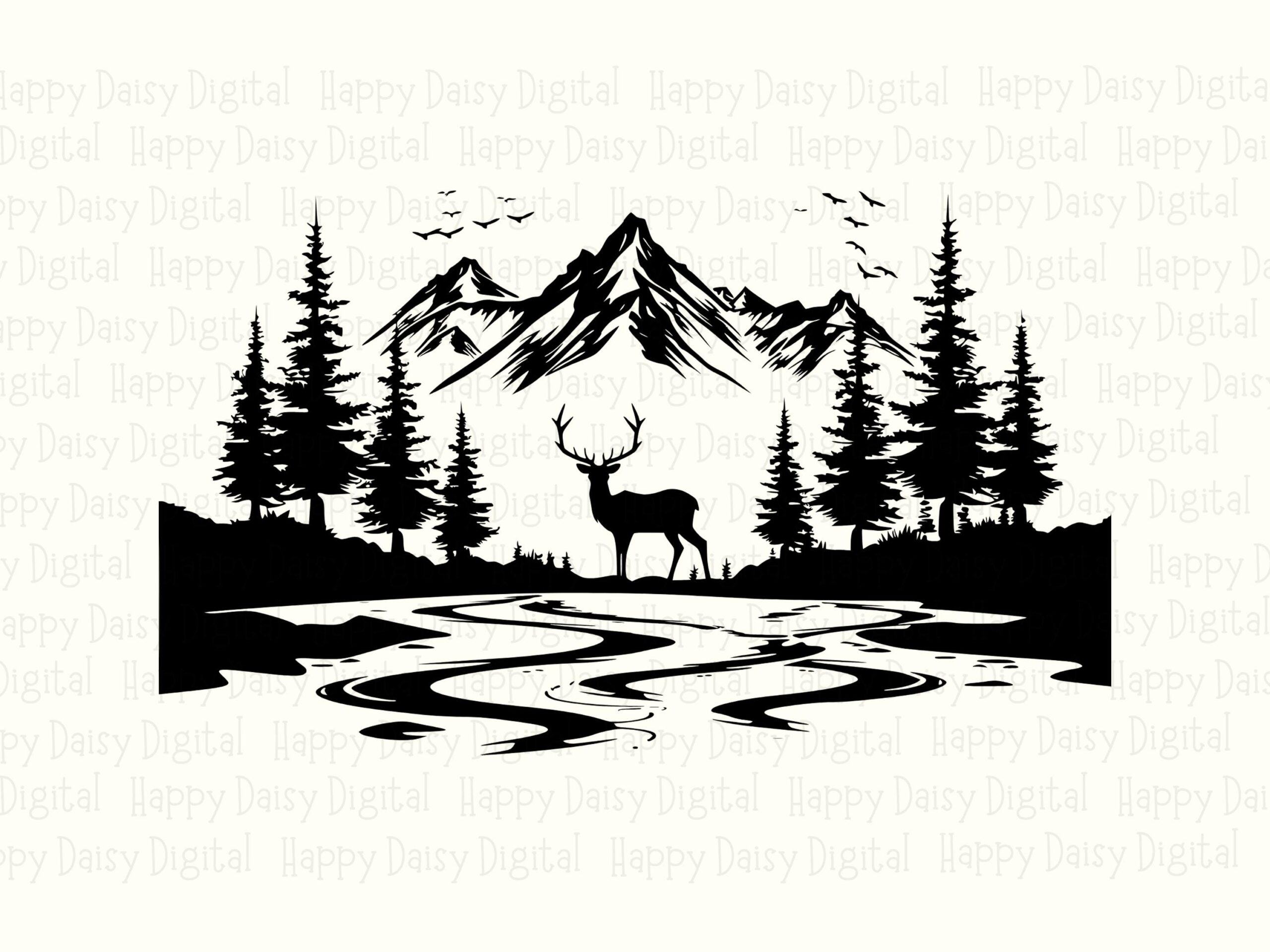 Deer Dusk PNG Design, Mountain Silhouette - River Scene, Pine Forest, SVG File, Commercial License - Image 2