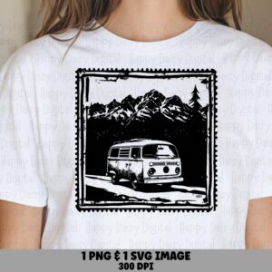 Vintage Camper Van, Stamp Clipart - Postage Frame, Mountain Pine Scene | PNG, SVG, 300 DPI