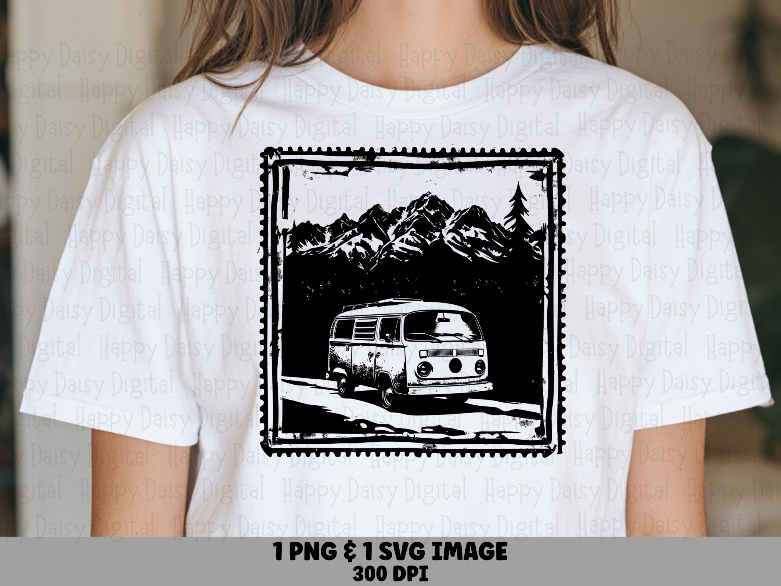 Vintage Camper Van, Stamp Clipart - Postage Frame, Mountain Pine Scene | PNG, SVG, 300 DPI