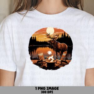 Moose Camp PNG, Campfire Glow Illustration | Night Pine Silhouette, Star Sky Art | 300 DPI, Commercial Use
