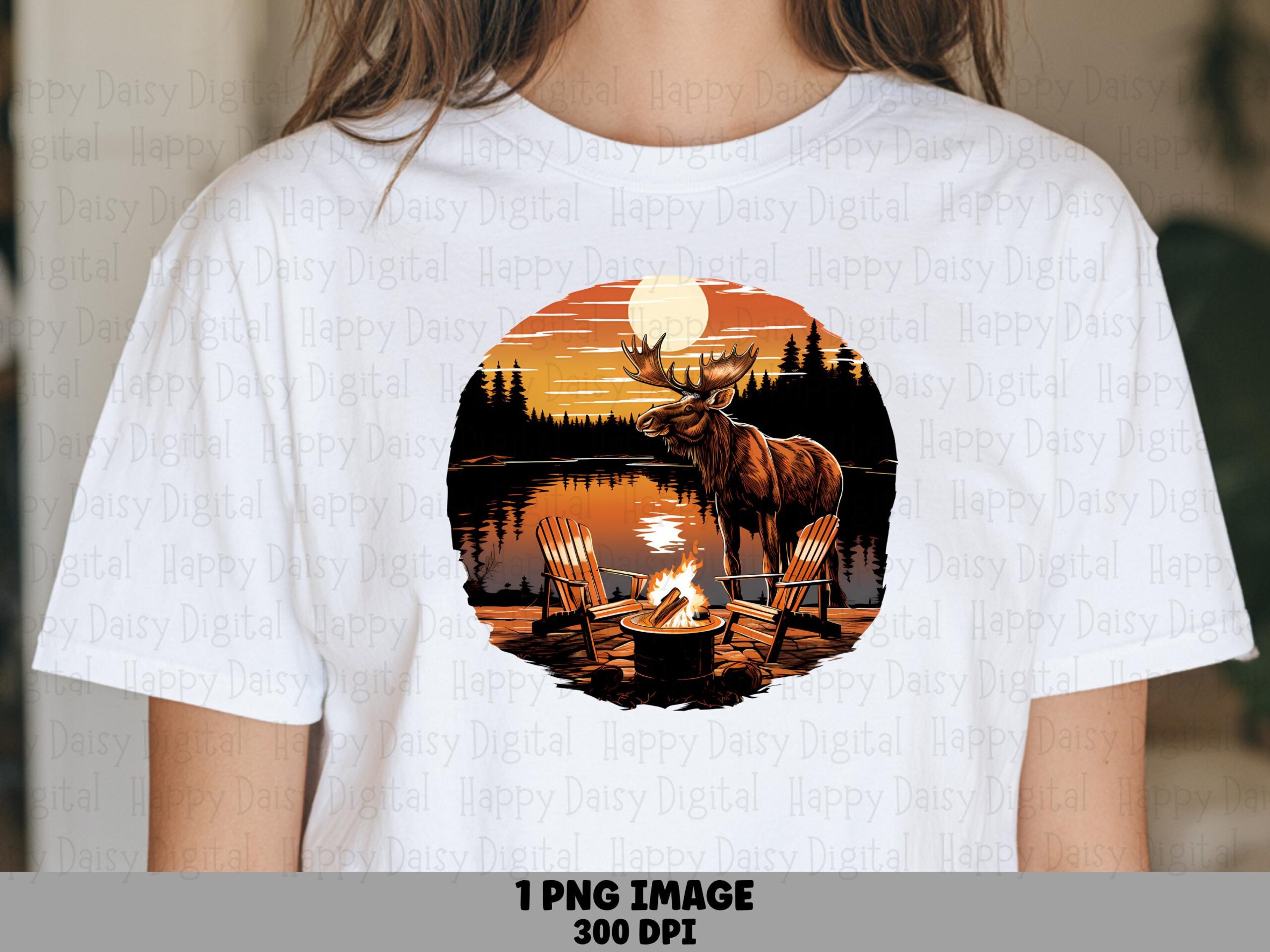 Moose Camp PNG, Campfire Glow Illustration | Night Pine Silhouette, Star Sky Art | 300 DPI, Commercial Use