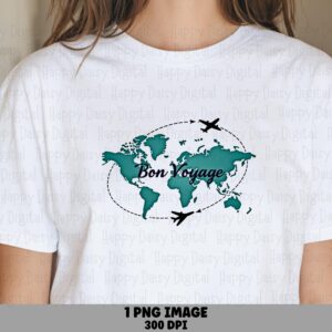 Bon Voyage Design, Teal World Map PNG | Planes Clipart, Sublimation Graphic | Commercial Use, 300 DPI