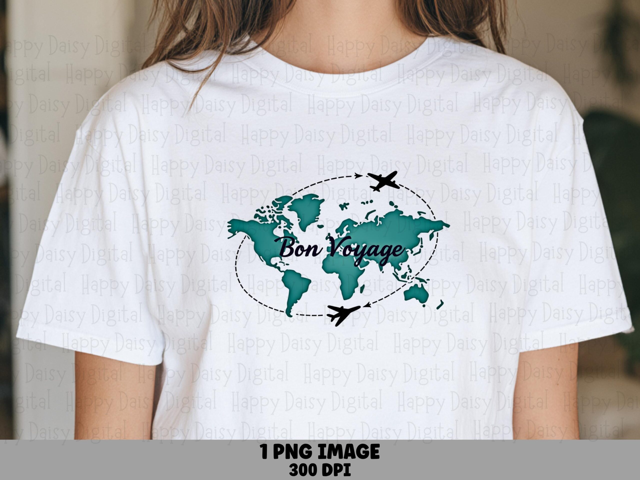 Bon Voyage Design, Teal World Map PNG | Planes Clipart, Sublimation Graphic | Commercial Use, 300 DPI
