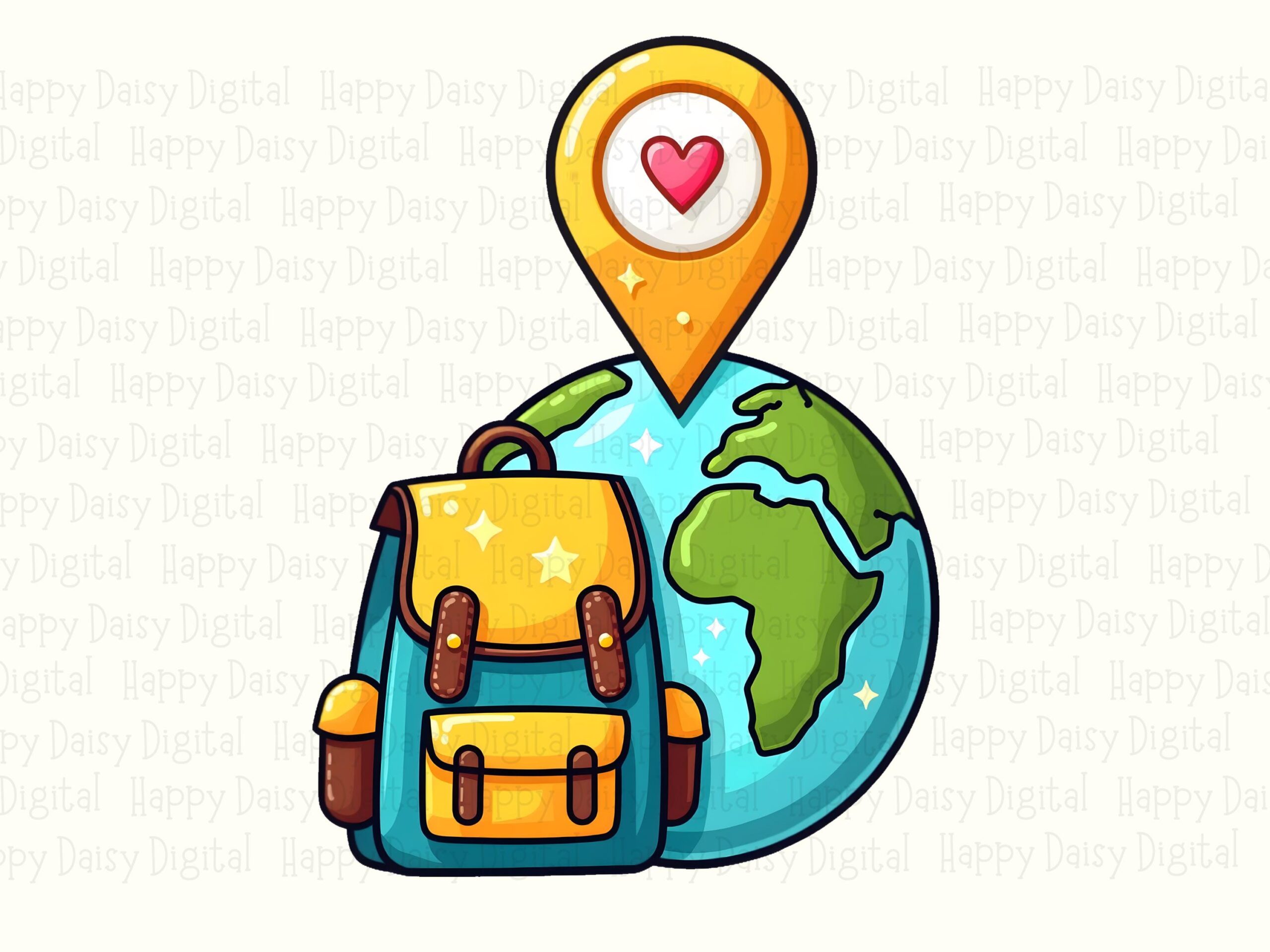 Backpack Globe, Travel Clipart PNG | Heart Pin Design, Commercial Use, 300 DPI, Transparent - Image 2
