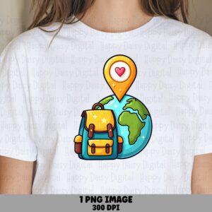 Backpack Globe, Travel Clipart PNG | Heart Pin Design, Commercial Use, 300 DPI, Transparent