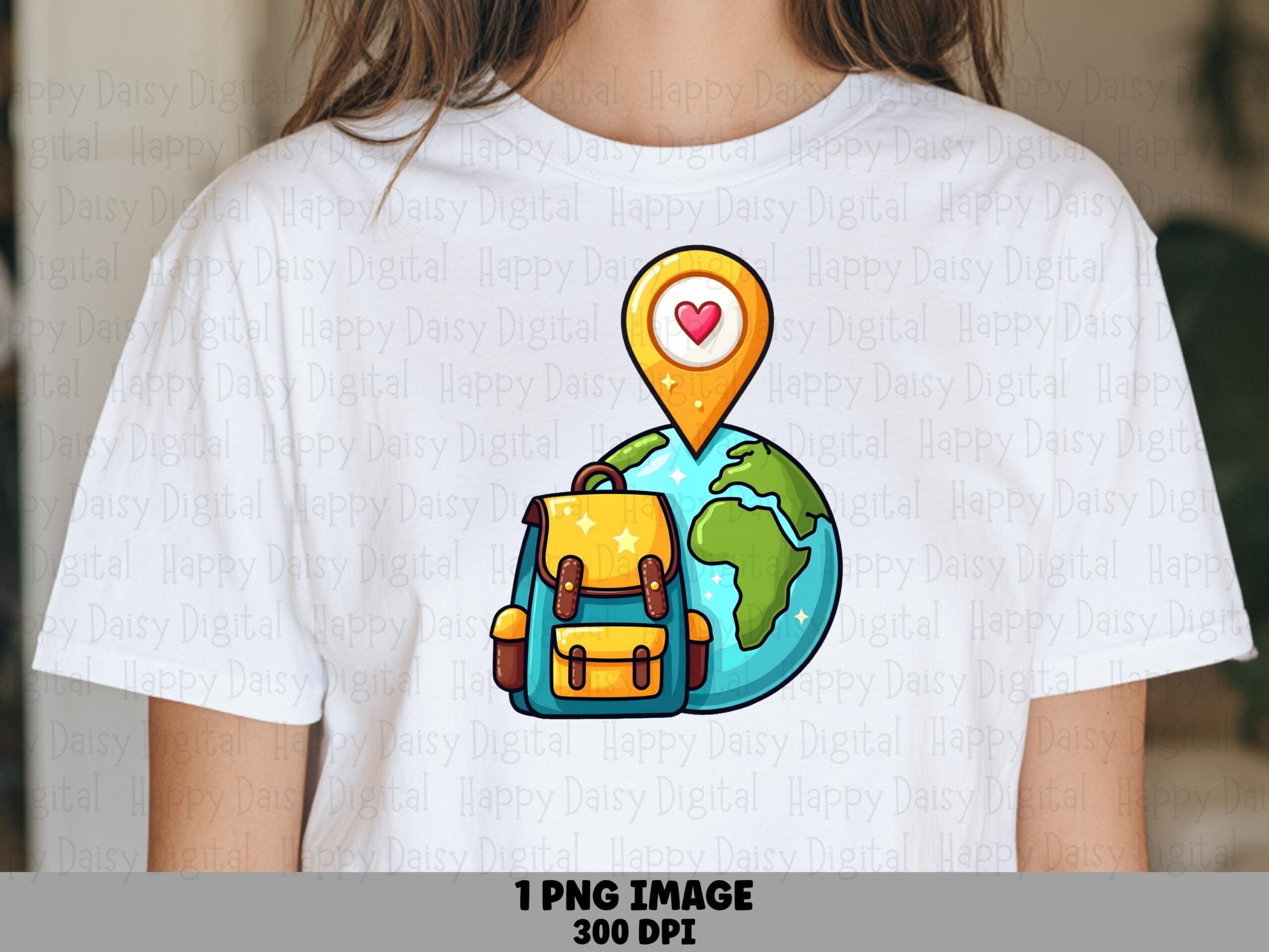 Backpack Globe, Travel Clipart PNG | Heart Pin Design, Commercial Use, 300 DPI, Transparent