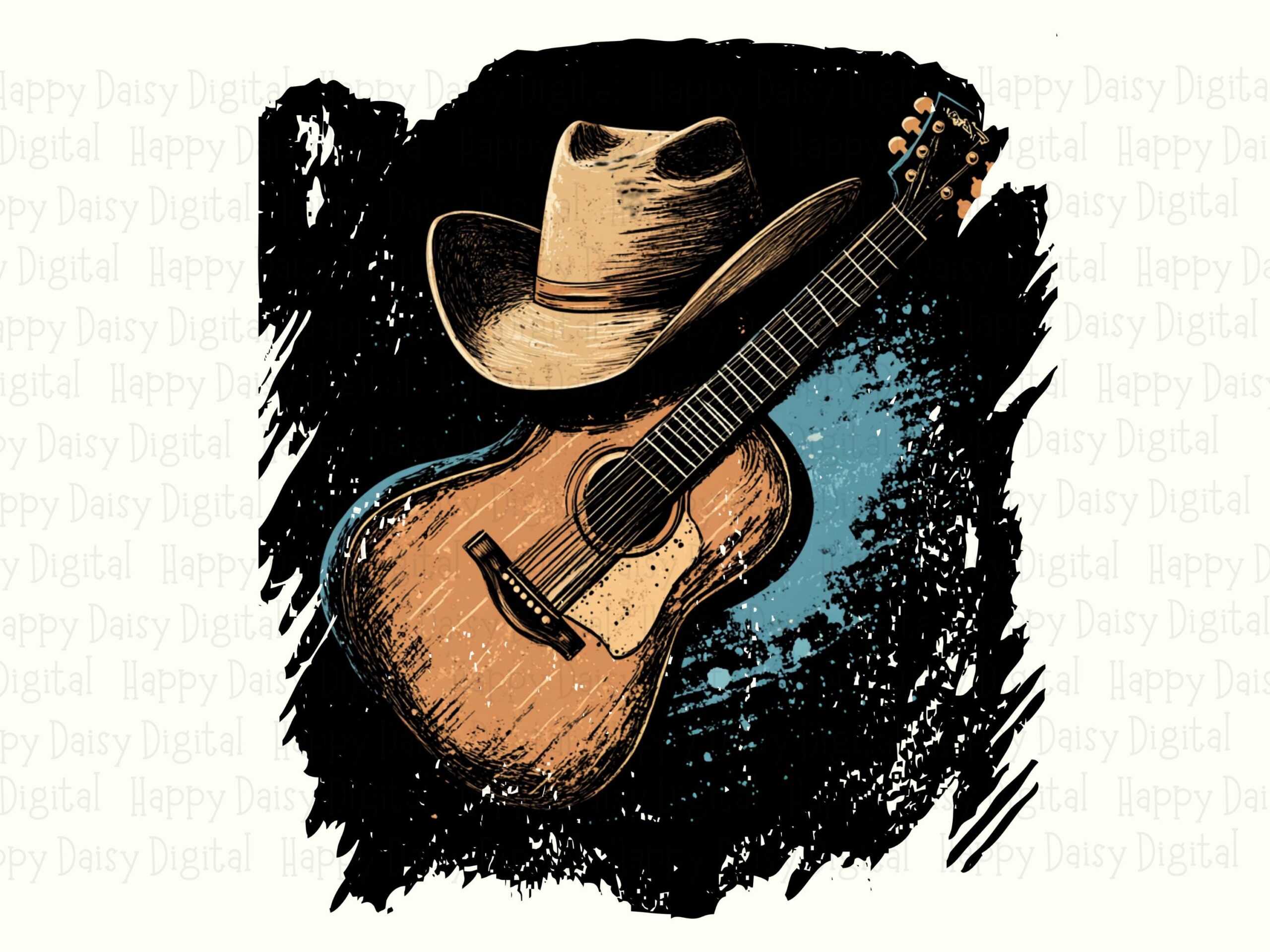 Guitar Cowboy Hat, Brushstroke Country Clipart | PNG Sublimation, Teal Splash Accent, Commercial Use - Image 2