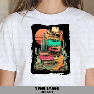 Cassette Tape Stack, Retro Cowboy PNG | Cactus Sunset Design, Boot And Hat, 300 DPI, Transparent
