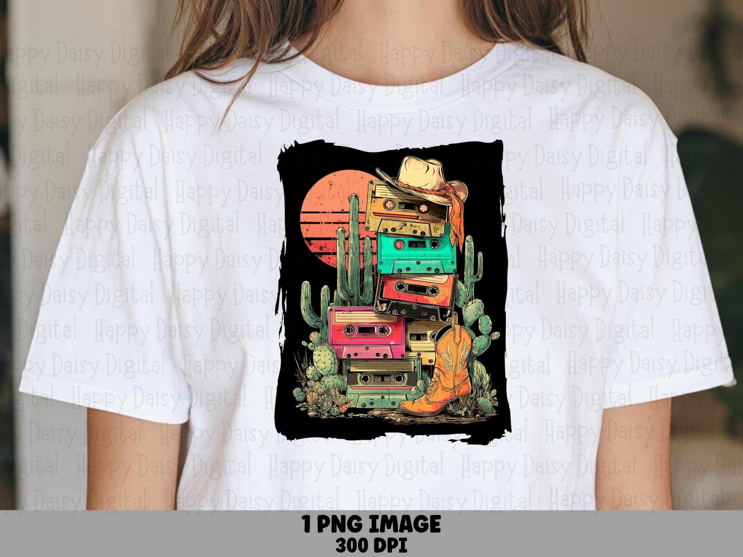 Cassette Tape Stack, Retro Cowboy PNG | Cactus Sunset Design, Boot And Hat, 300 DPI, Transparent
