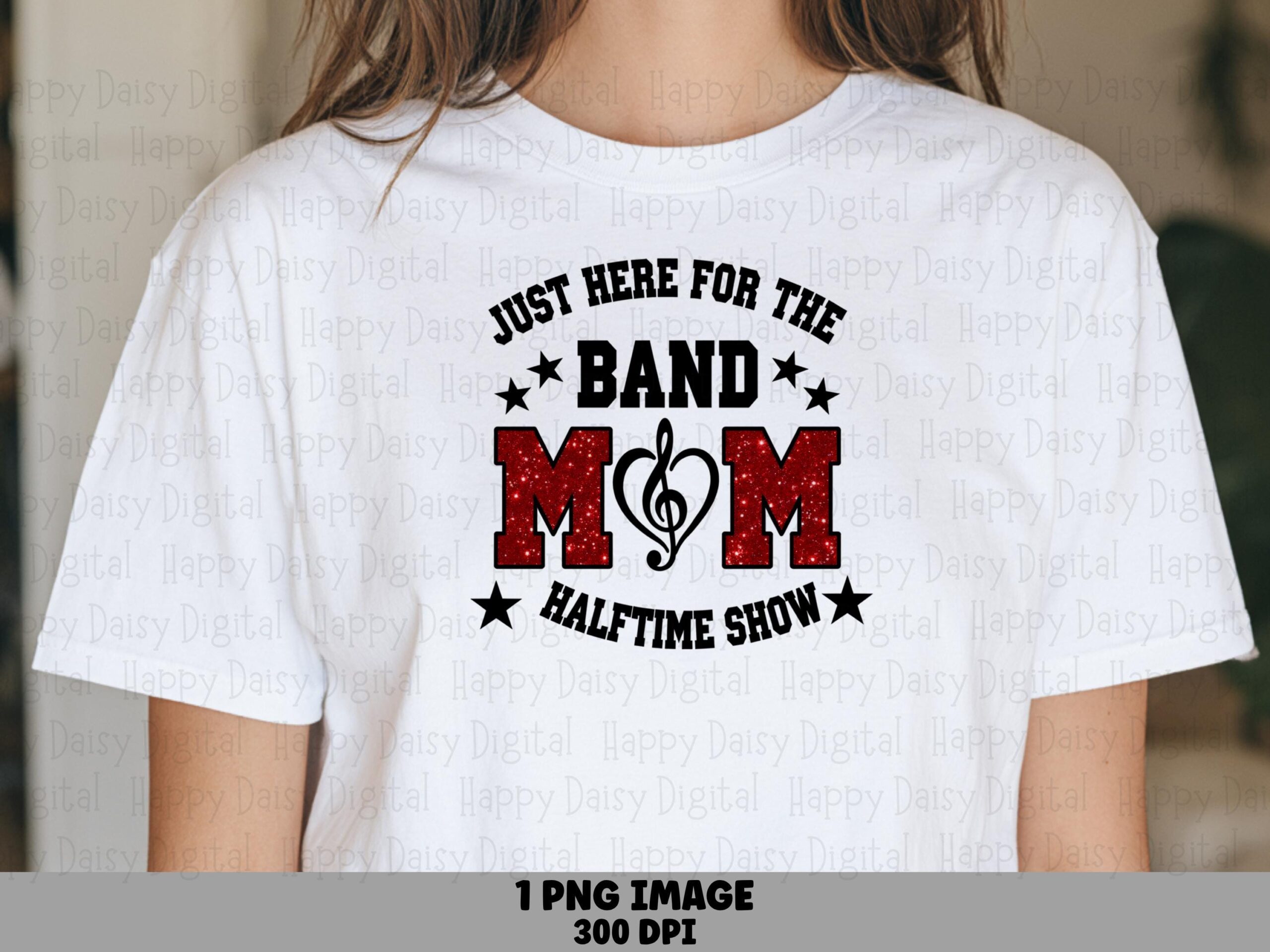 Band Mom Halftime, Glittery Red PNG - Music Note Heart, Star Accents | Sublimation, 300 DPI, Commercial Use