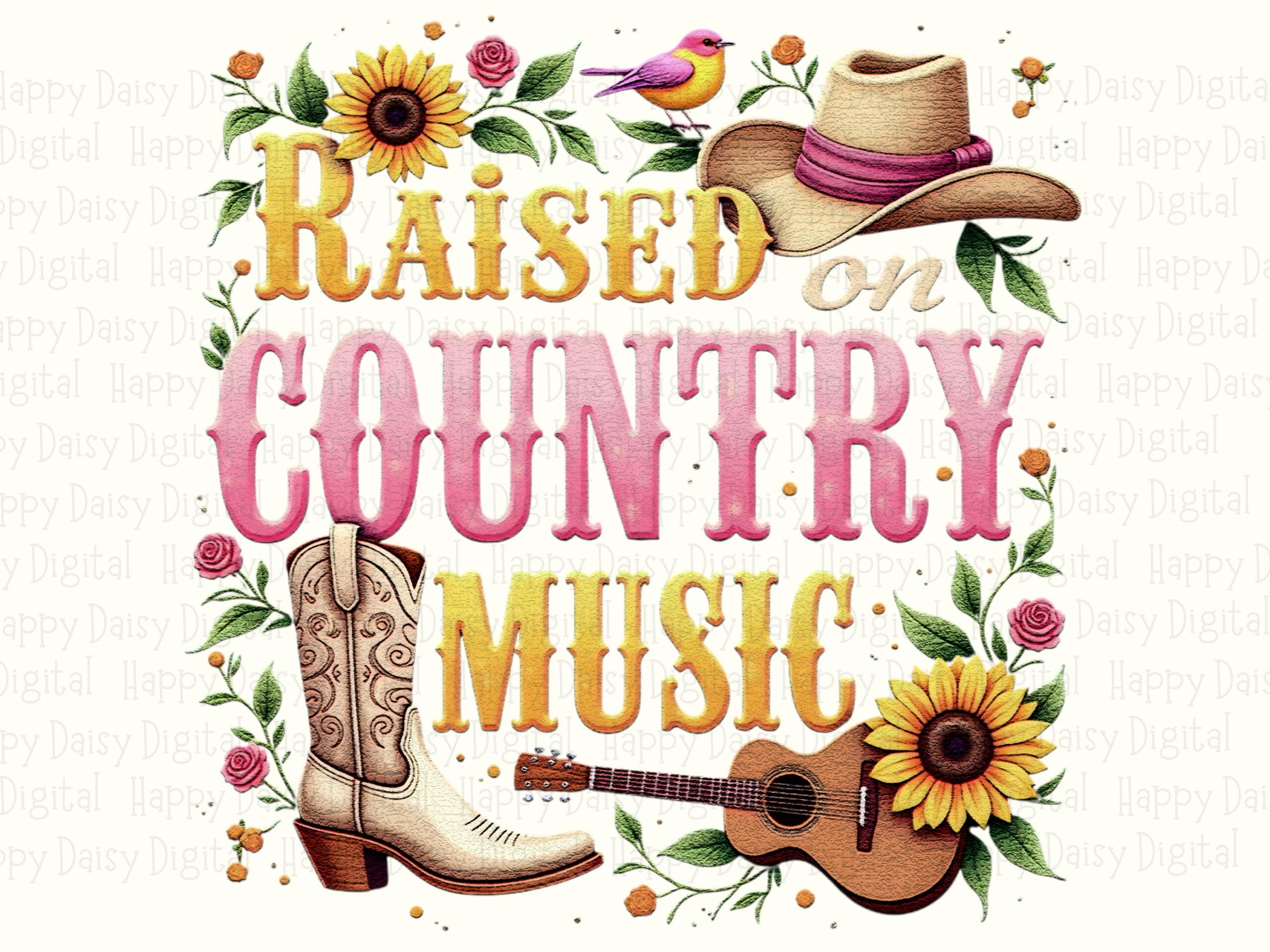 Raised On Country, Floral Text PNG | Sublimation Commercial Use | Sunflower Cowboy Boot Guitar Design, 300 DPI - Image 2