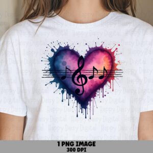 Heart Splash PNG, Watercolor Music Motif | Treble Clef Notes, Sublimation Artwork - 300 DPI