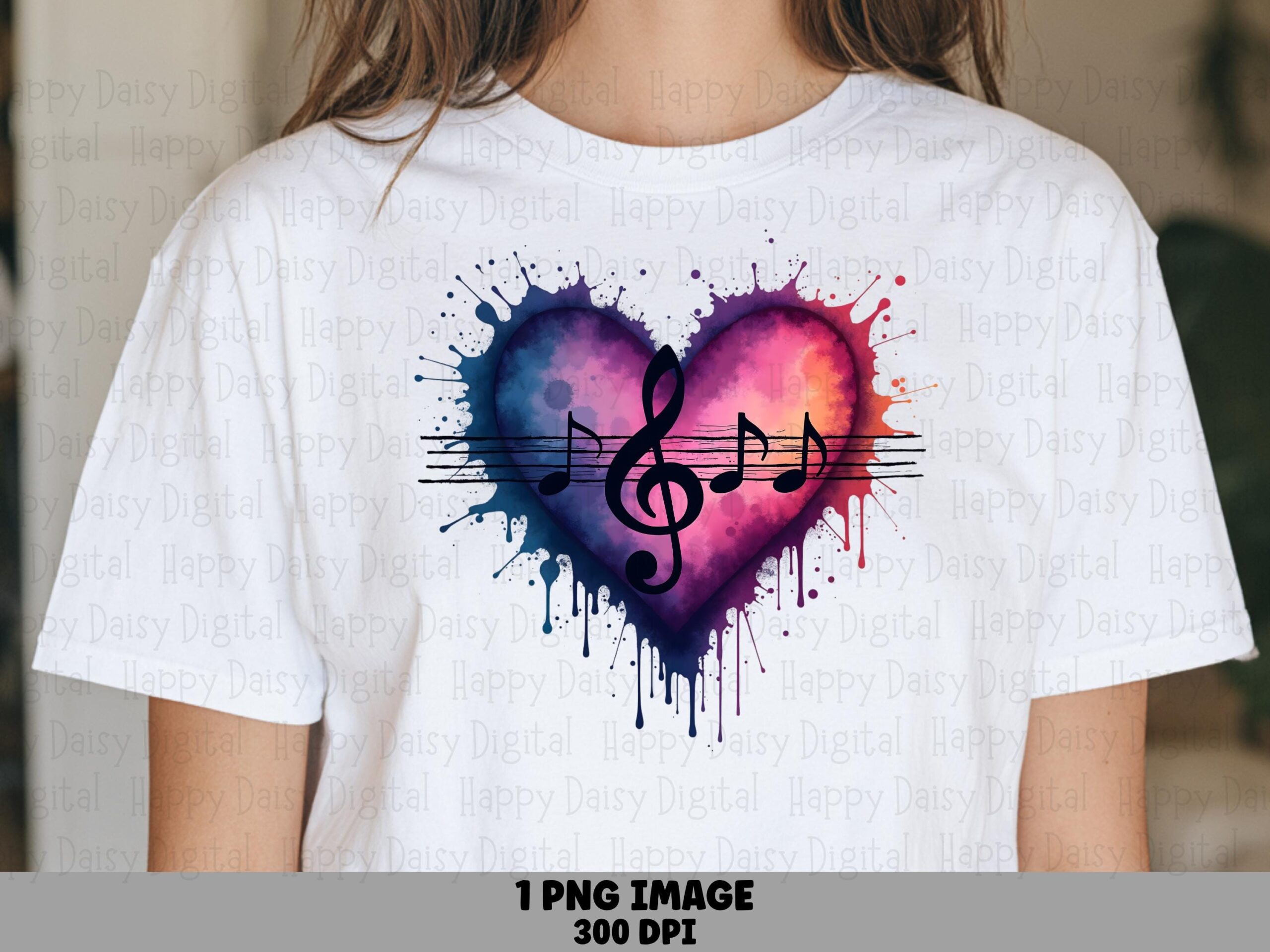 Heart Splash PNG, Watercolor Music Motif | Treble Clef Notes, Sublimation Artwork - 300 DPI
