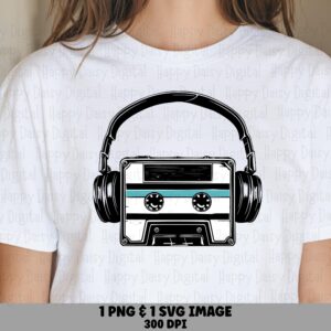Cassette Headphones, Retro Music PNG SVG | Teal Accent Design, 300 DPI, Print Ready Commercial Use