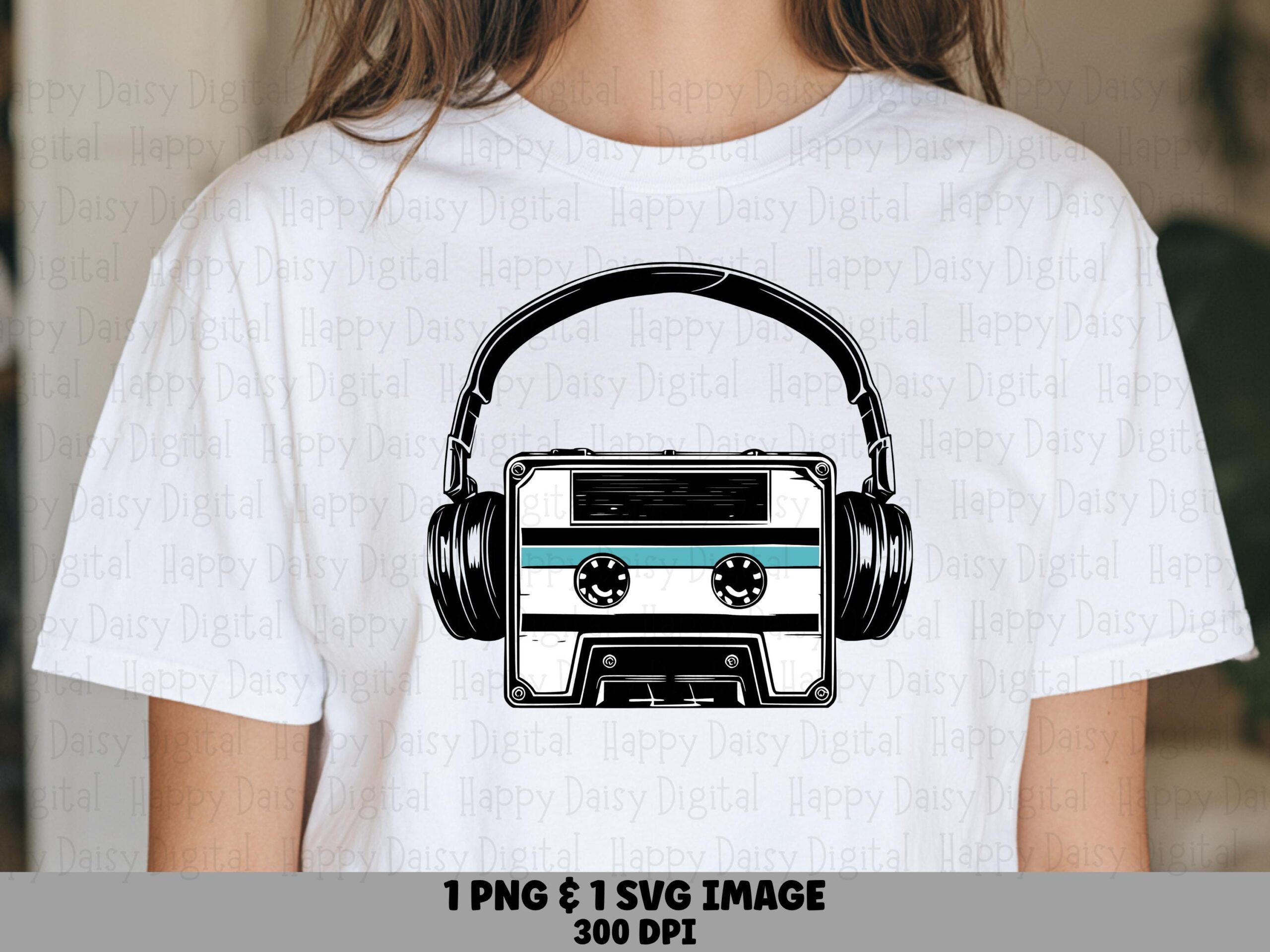 Cassette Headphones, Retro Music PNG SVG | Teal Accent Design, 300 DPI, Print Ready Commercial Use